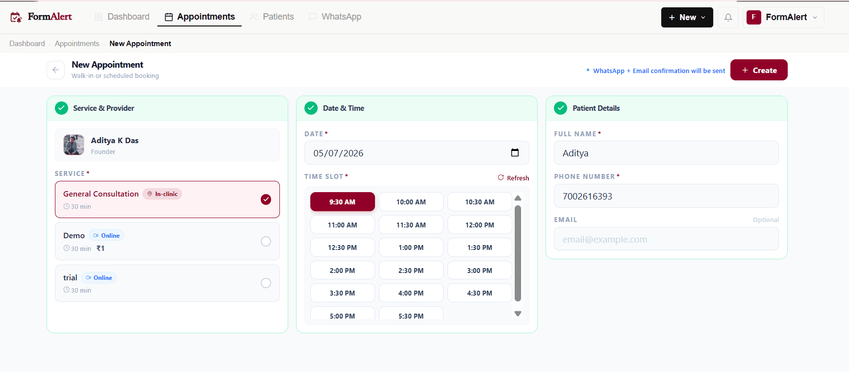 Dashboard modal: 'Add Appointment' — patient name, phone, date, time, appointment type selector (Walk-in / Phone call / WhatsApp)