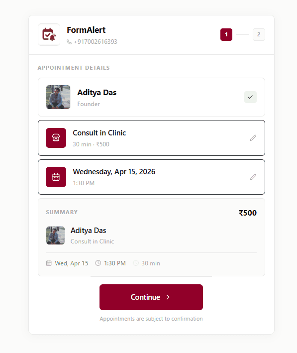 A patient on the FormAlert booking page picking a slot and paying by UPI through Razorpay before the appointment is confirmed