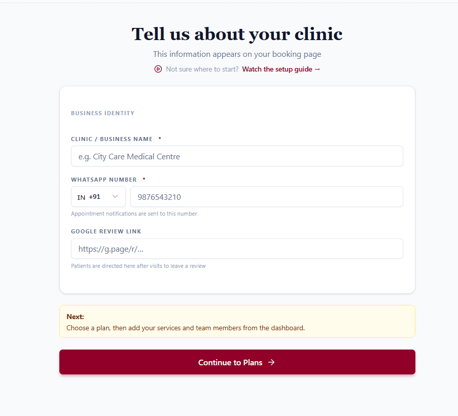 Clinic's own WhatsApp Business number connected in FormAlert