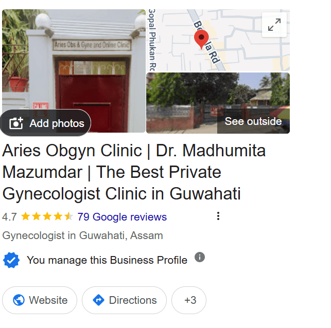 Google Business Profile screenshot for Aries OB-GYN Clinic — showing 79 reviews, 4.8-star rating