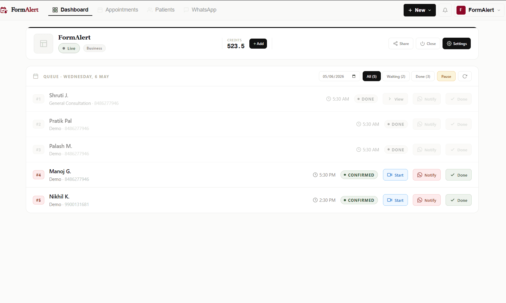 Dashboard modal: 'Add Appointment' — patient name, phone, date, time, appointment type selector (Walk-in / Phone call / WhatsApp)