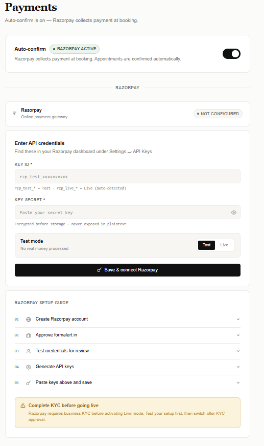 Razorpay checkout page launched from a FormAlert booking, with UPI, card and netbanking options