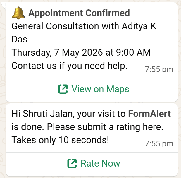 WhatsApp chat: booking confirmation message sent to patient