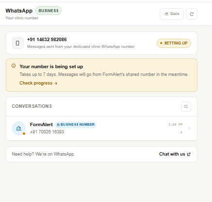 A WhatsApp booking flow inside a chat with a clinic — service, date, slot and the booking confirmation