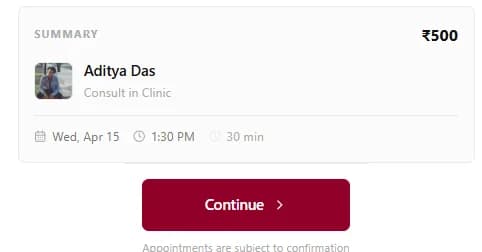 The FormAlert booking page a patient sees, listing the doctor, a thirty-minute in-clinic consult at five hundred rupees, the chosen date and time, and a Continue button
