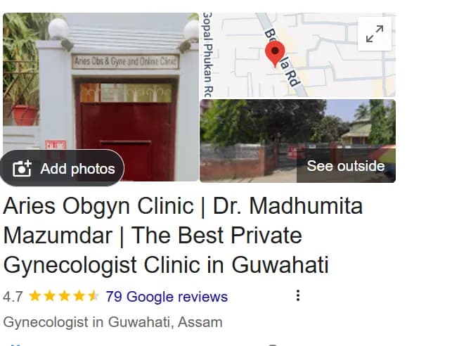 The Google Business Profile for Aries Obgyn Clinic, Dr. Madhumita Mazumdar, showing a 4.7 star rating from 79 Google reviews