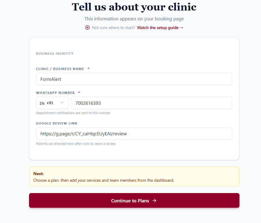 FormAlert onboarding flow — set your working hours, services, slot length and WhatsApp number