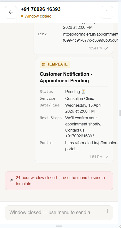 A WhatsApp conversation between a patient and the FormAlert AI agent on a clinic's own number — the agent answers an FAQ and offers a booking link