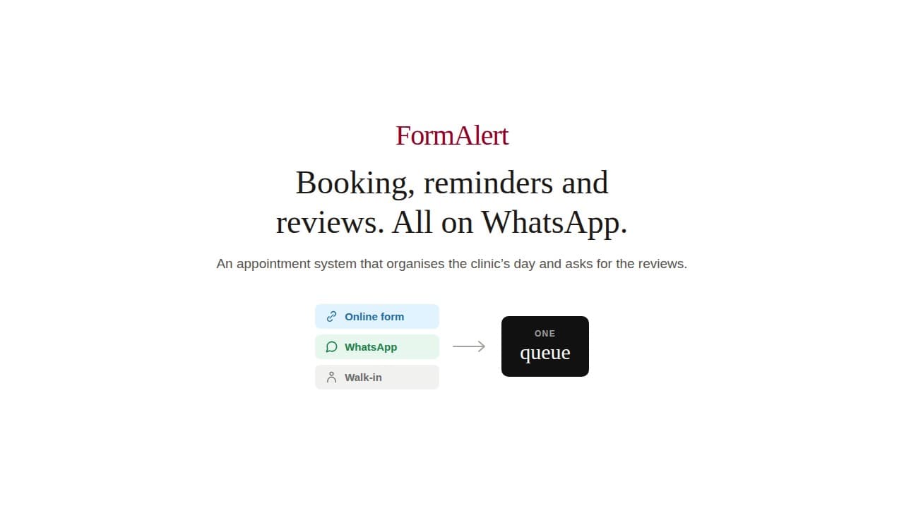 Still from the FormAlert explainer, reading “Booking, reminders and reviews. All on WhatsApp.” above three ways a patient books — online form, WhatsApp, walk-in — all pointing into one queue